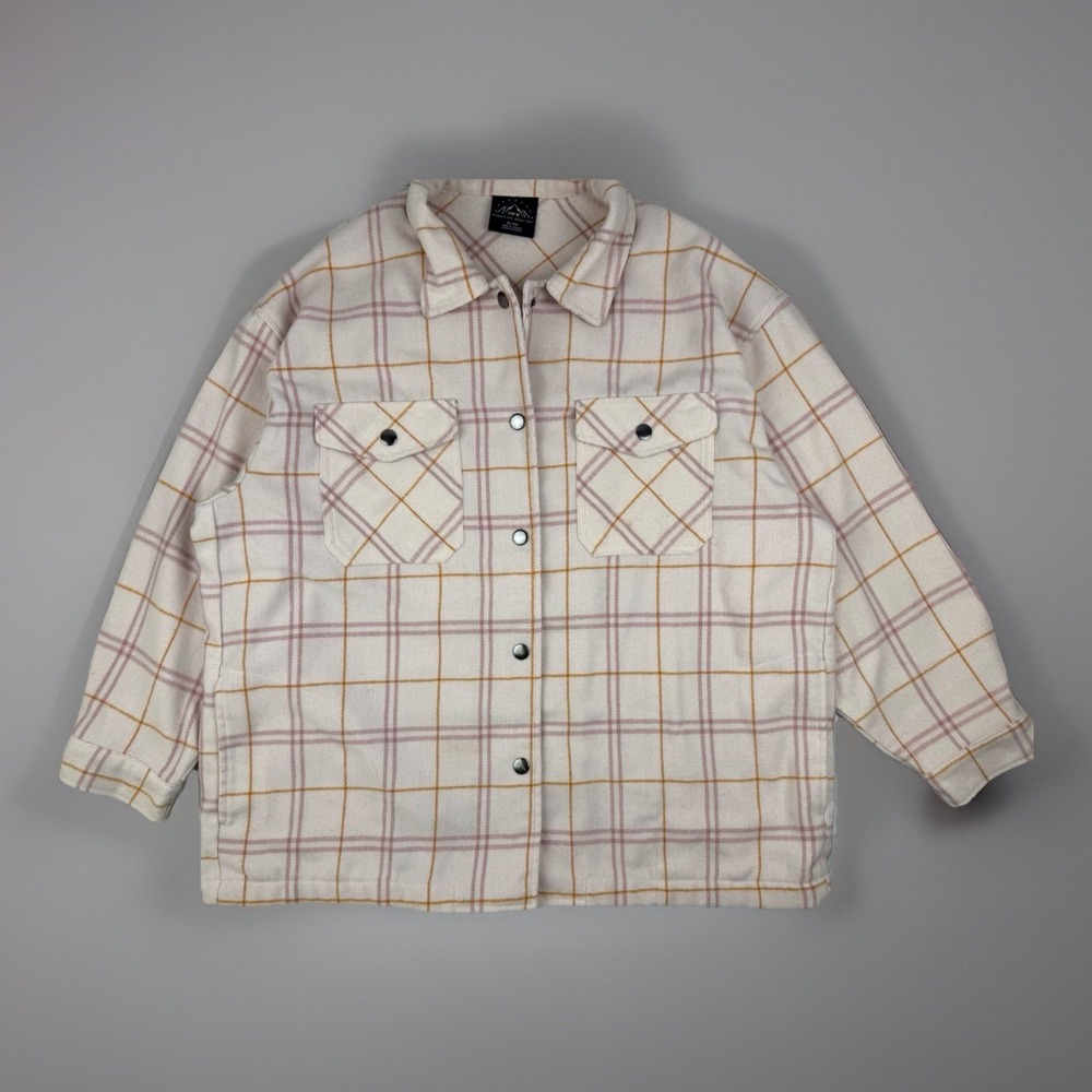 HFX Plaid‎ Shacket XL Pink Cream Wool Snap Jacket Cozy Cabincore Cottagecore